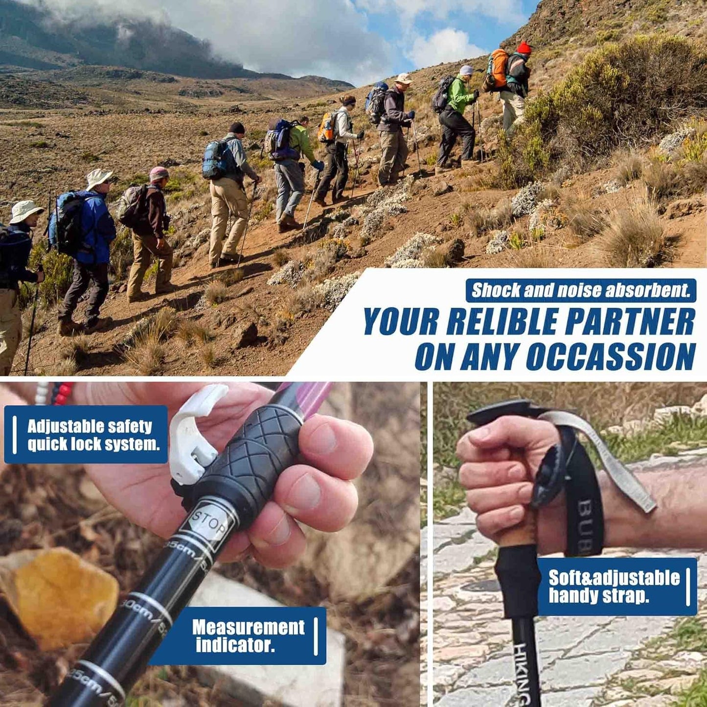 Hiking Trekking Poles - 2Pc Pack Collapsible Strong Aluminum Walking Sticks, Quick Adjust Flip Locks, Cork Grip EVA Handle Lightweight Hiking Poles for Man, Woman, Kids,Trekking