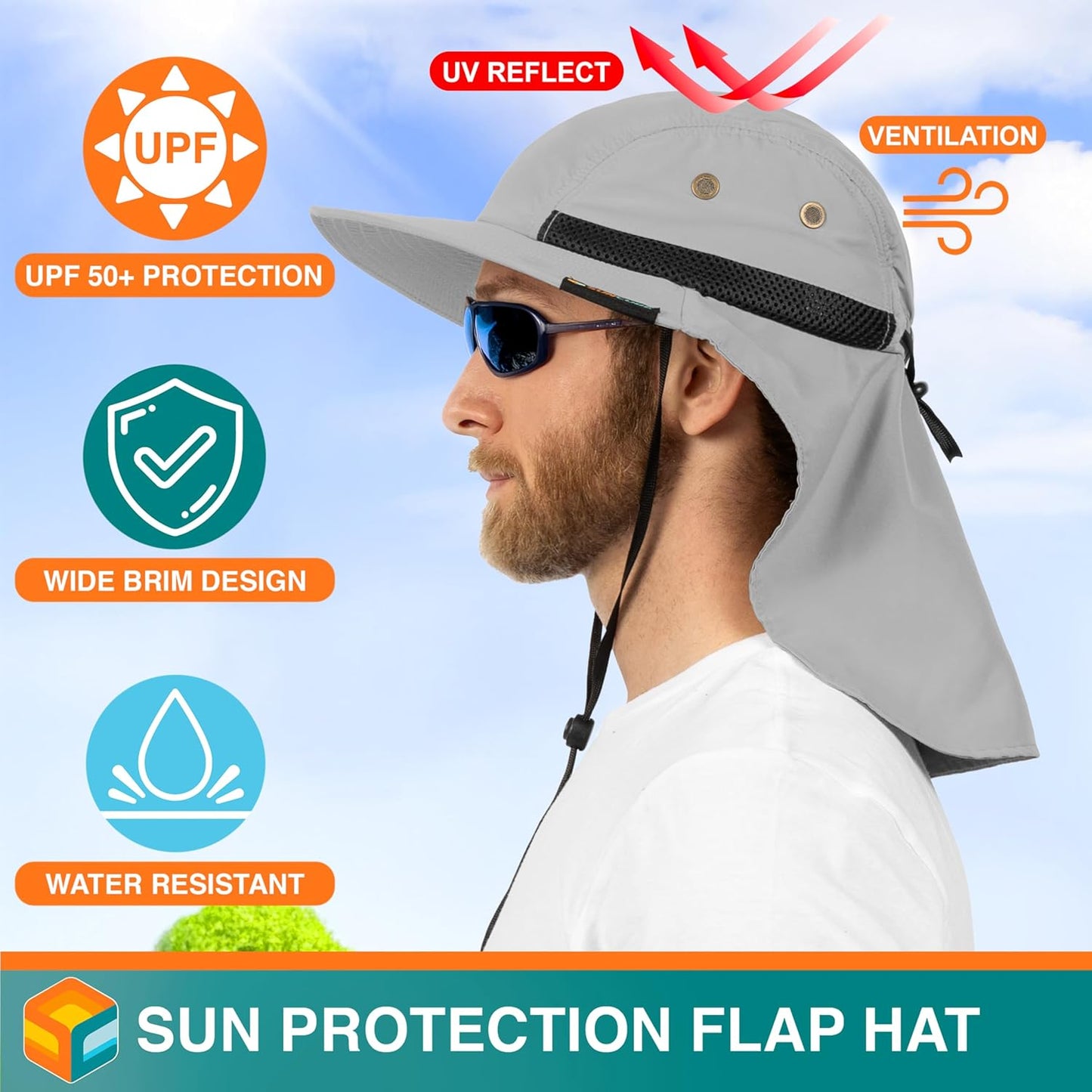 Sun Hat for Men, Wide Brim Fishing Hat Neck Flap Cover Men, Women, Hiking, Camping, Sun Protection UV, Gardening
