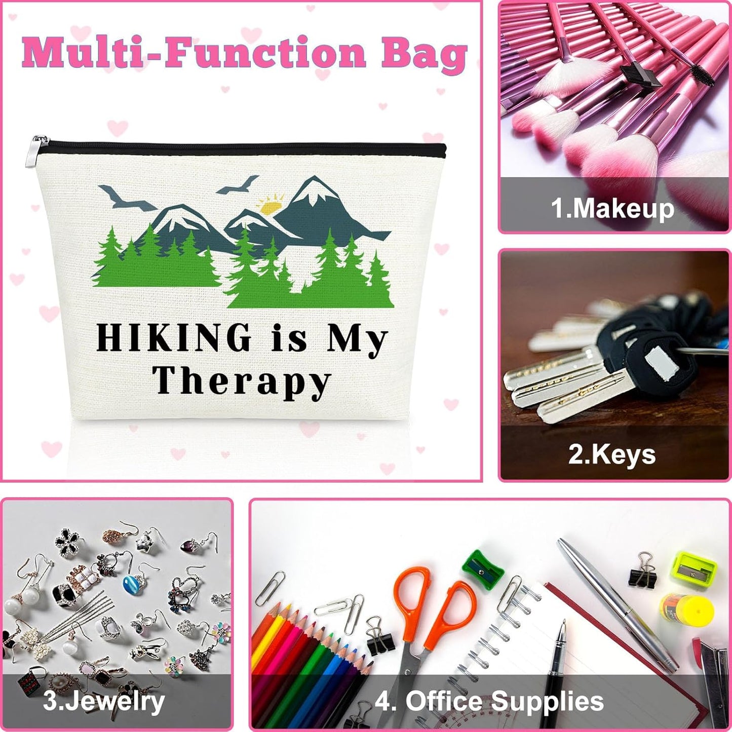 Hiking Lover Gift Hiking Makeup Bag Adventure Gifts for Women Hiking Mountain Cosmetic Bag Hiking Themed Gift for Friends Daughter Her Camping Gift Travel Pouch Hiking Is My Therapy
