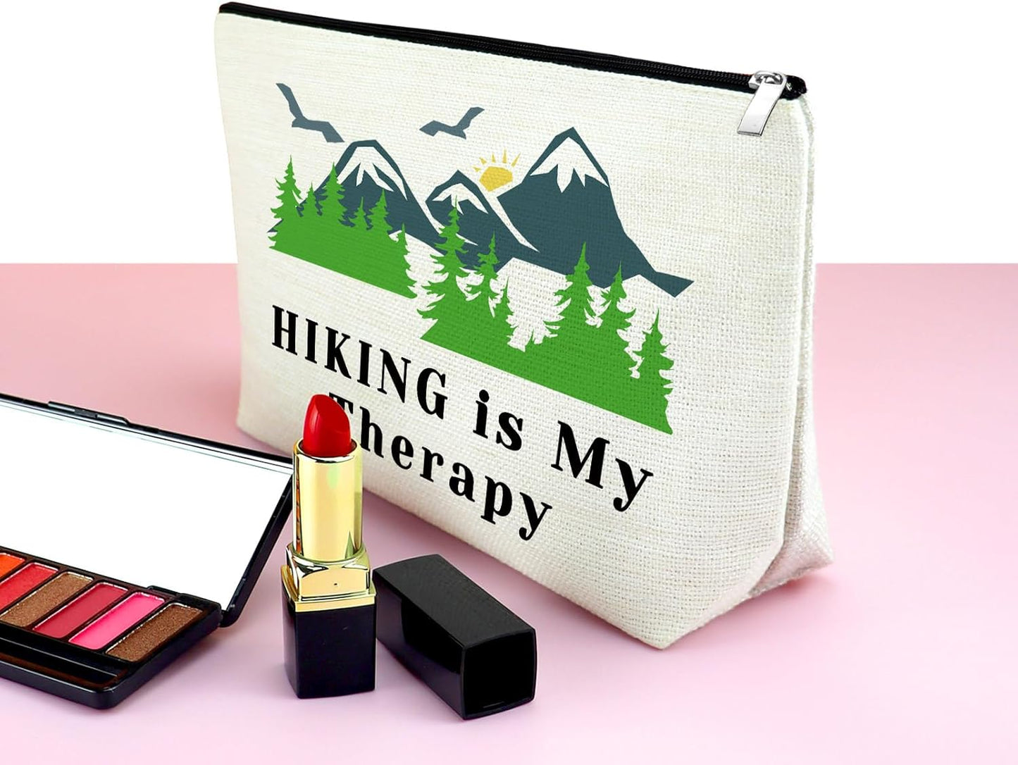 Hiking Lover Gift Hiking Makeup Bag Adventure Gifts for Women Hiking Mountain Cosmetic Bag Hiking Themed Gift for Friends Daughter Her Camping Gift Travel Pouch Hiking Is My Therapy