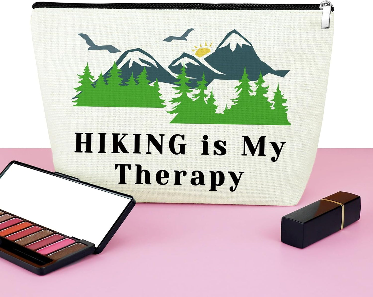 Hiking Lover Gift Hiking Makeup Bag Adventure Gifts for Women Hiking Mountain Cosmetic Bag Hiking Themed Gift for Friends Daughter Her Camping Gift Travel Pouch Hiking Is My Therapy