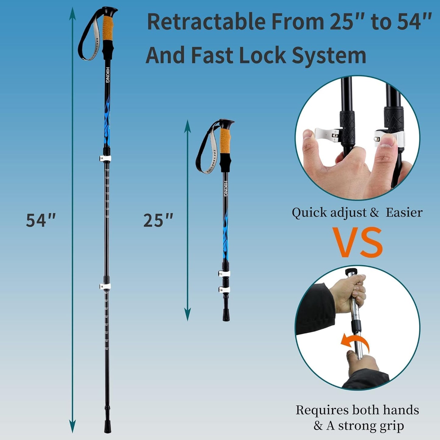 Hiking Trekking Poles - 2Pc Pack Collapsible Strong Aluminum Walking Sticks, Quick Adjust Flip Locks, Cork Grip EVA Handle Lightweight Hiking Poles for Man, Woman, Kids,Trekking
