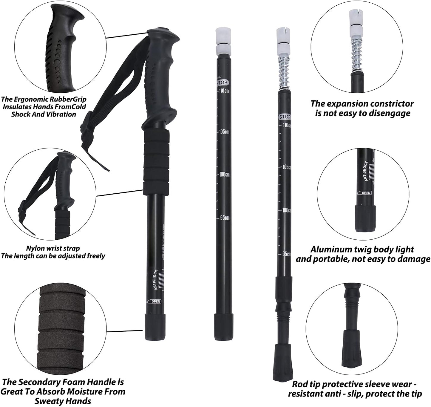 2 Pieces Hiking Sticks Hiking Trekking Poles Accessories for Walking Women Men Collapsible Lightweight Telescoping Stick Canes(Black)