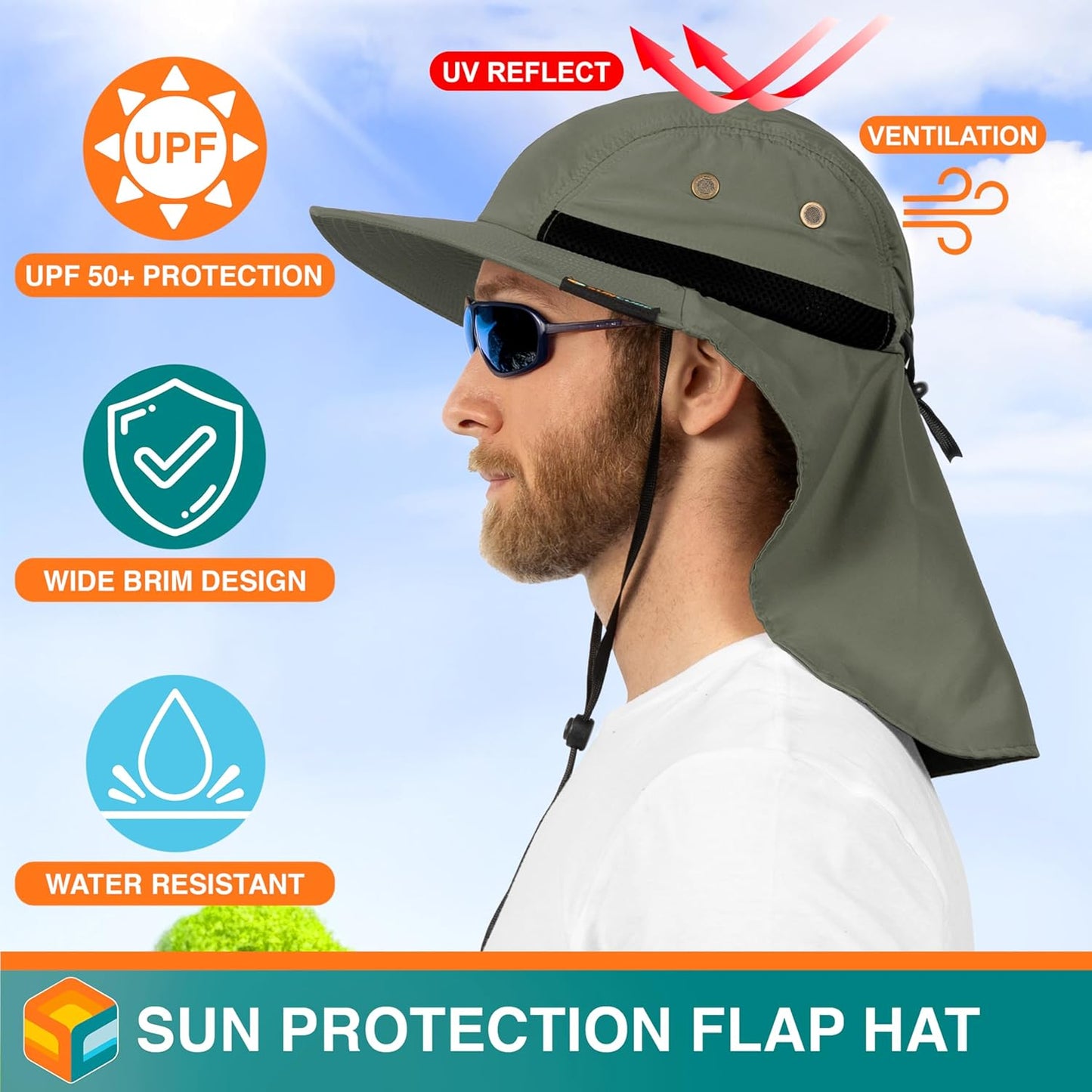 Sun Hat for Men, Wide Brim Fishing Hat Neck Flap Cover Men, Women, Hiking, Camping, Sun Protection UV, Gardening