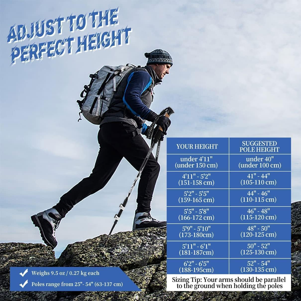 Hiking Trekking Poles - 2Pc Pack Collapsible Strong Aluminum Walking Sticks, Quick Adjust Flip Locks, Cork Grip EVA Handle Lightweight Hiking Poles for Man, Woman, Kids,Trekking