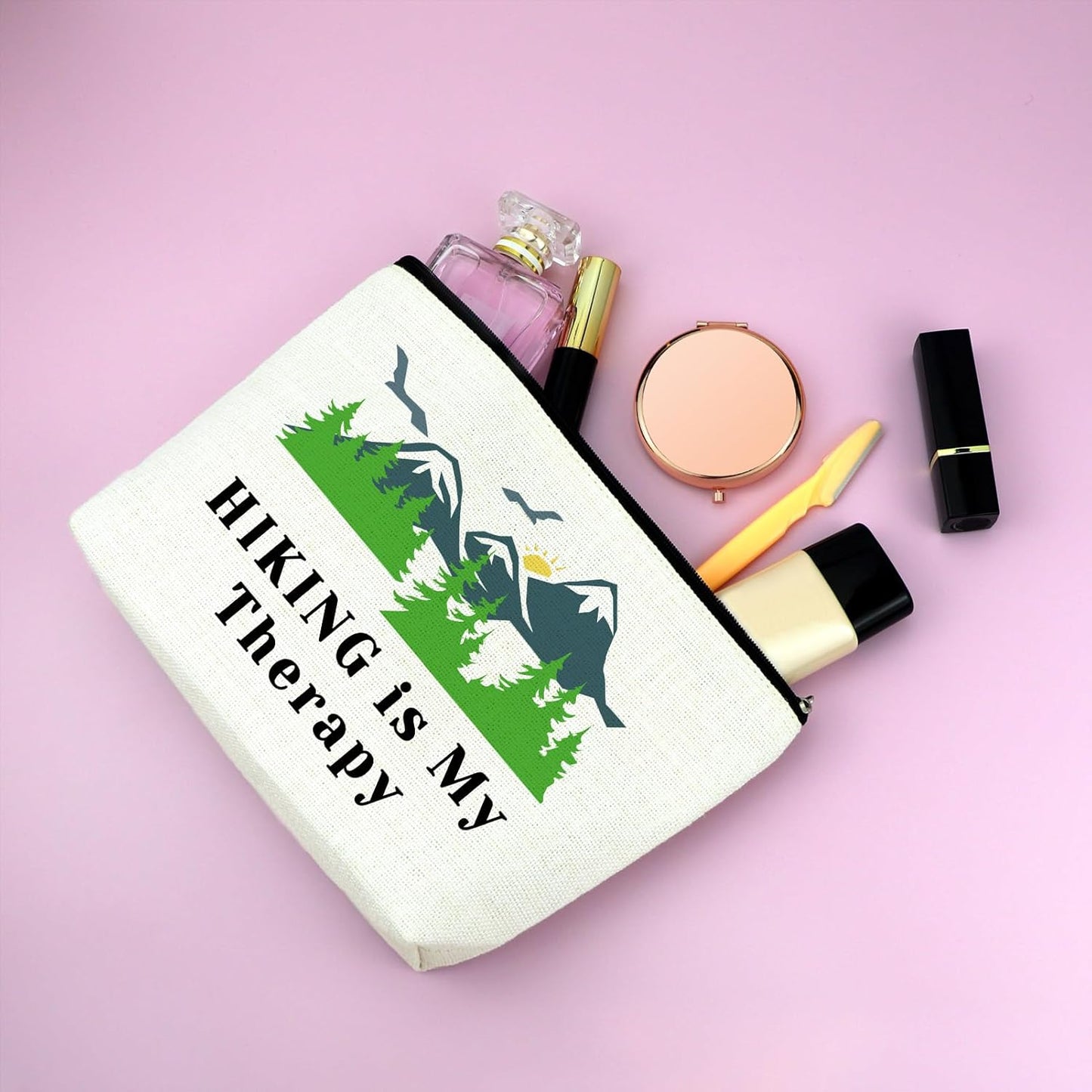 Hiking Lover Gift Hiking Makeup Bag Adventure Gifts for Women Hiking Mountain Cosmetic Bag Hiking Themed Gift for Friends Daughter Her Camping Gift Travel Pouch Hiking Is My Therapy