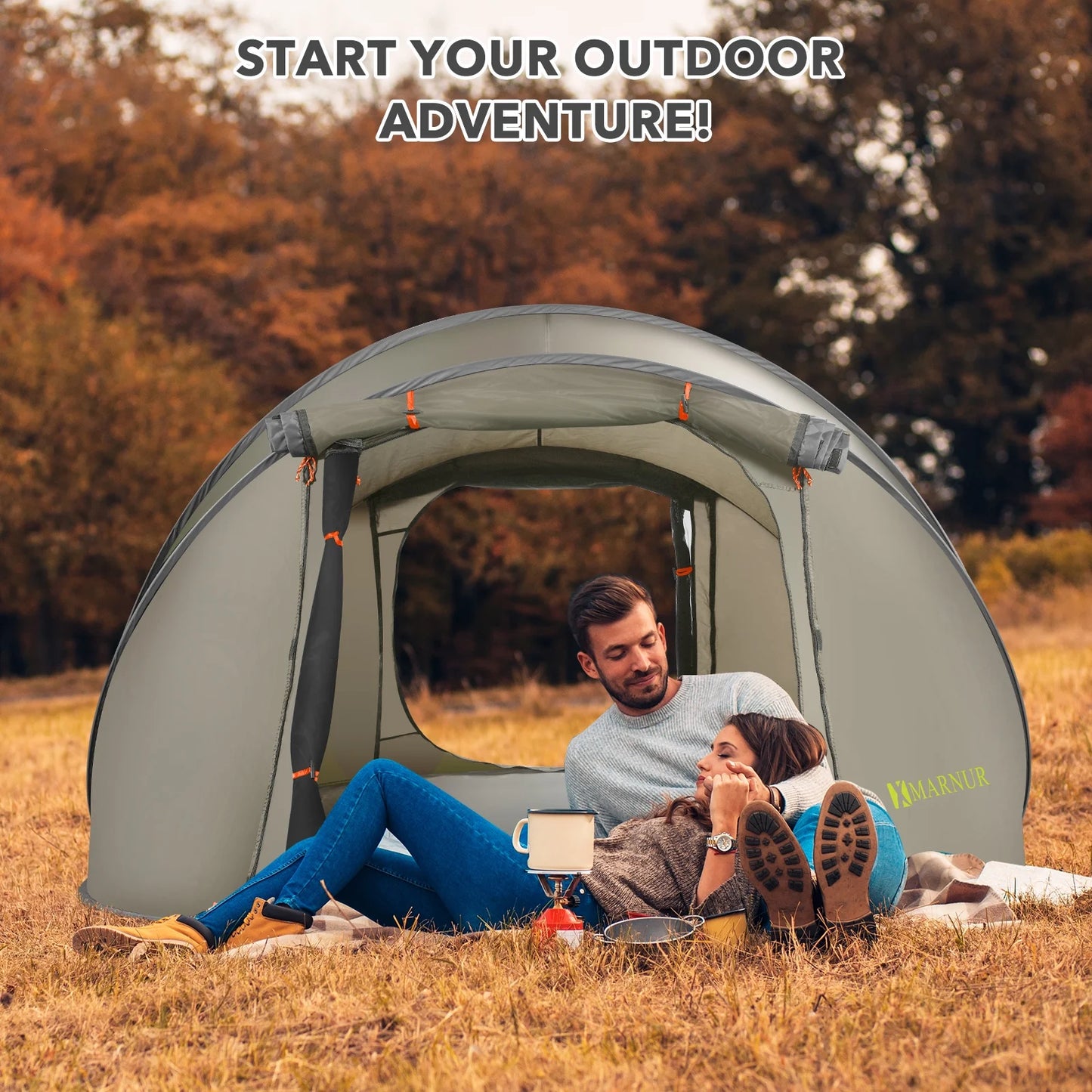 Instant Tent 4-Person Camp Tent, Auto Setup Pop up Tent, Waterproof, Huge Door & Windows, Green