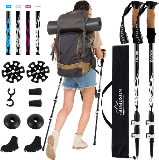 Hiking Trekking Poles - 2Pc Pack Collapsible Strong Aluminum Walking Sticks, Quick Adjust Flip Locks, Cork Grip EVA Handle Lightweight Hiking Poles for Man, Woman, Kids,Trekking