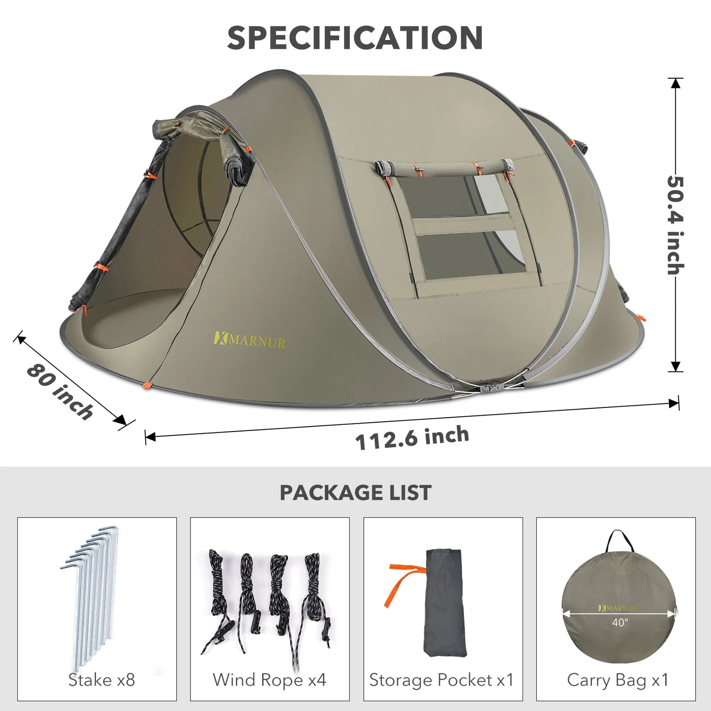 Instant Tent 4-Person Camp Tent, Auto Setup Pop up Tent, Waterproof, Huge Door & Windows, Green