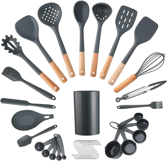 35Pcs  Chef Kitchen Cooking Utensils Set, Non-Stick Silicone Cooking Kitchen Utensils Spatula Set with Holder, Wooden Handle Silicone Kitchen Gadgets Utensil Set -Grey