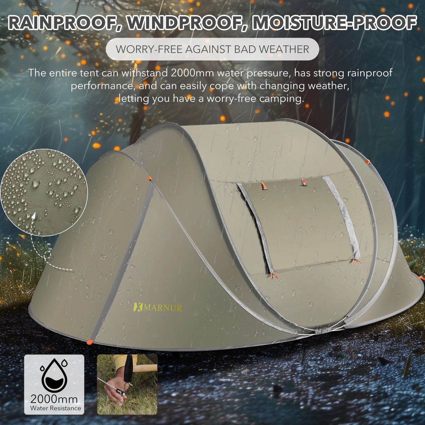 Instant Tent 4-Person Camp Tent, Auto Setup Pop up Tent, Waterproof, Huge Door & Windows, Green