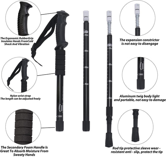2 Pieces Hiking Sticks Hiking Trekking Poles Accessories for Walking Women Men Collapsible Lightweight Telescoping Stick Canes（Black）