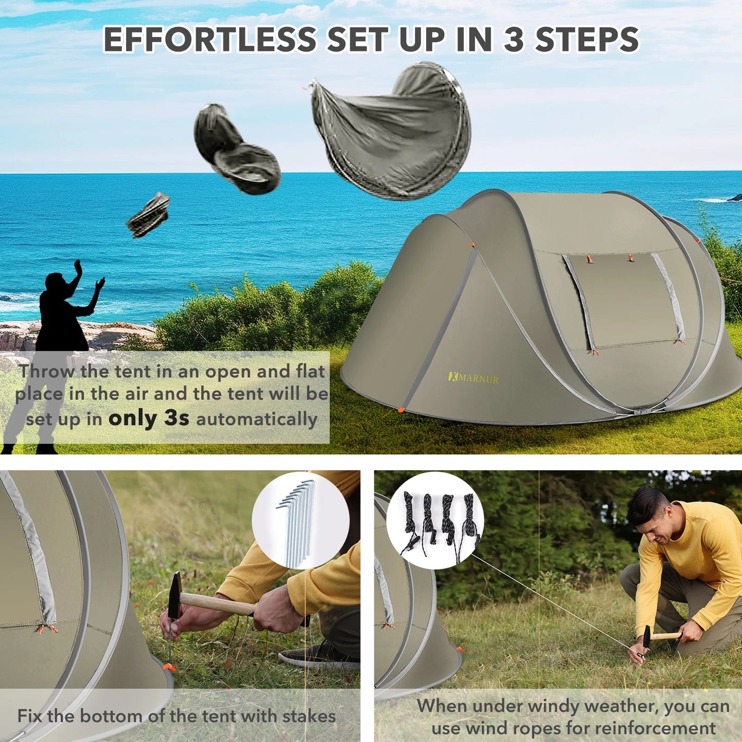 Instant Tent 4-Person Camp Tent, Auto Setup Pop up Tent, Waterproof, Huge Door & Windows, Green