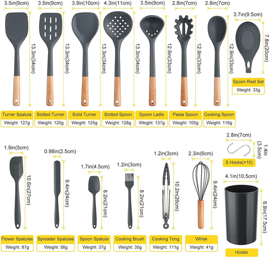 35Pcs  Chef Kitchen Cooking Utensils Set, Non-Stick Silicone Cooking Kitchen Utensils Spatula Set with Holder, Wooden Handle Silicone Kitchen Gadgets Utensil Set -Grey