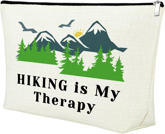 Hiking Lover Gift Hiking Makeup Bag Adventure Gifts for Women Hiking Mountain Cosmetic Bag Hiking Themed Gift for Friends Daughter Her Camping Gift Travel Pouch Hiking Is My Therapy