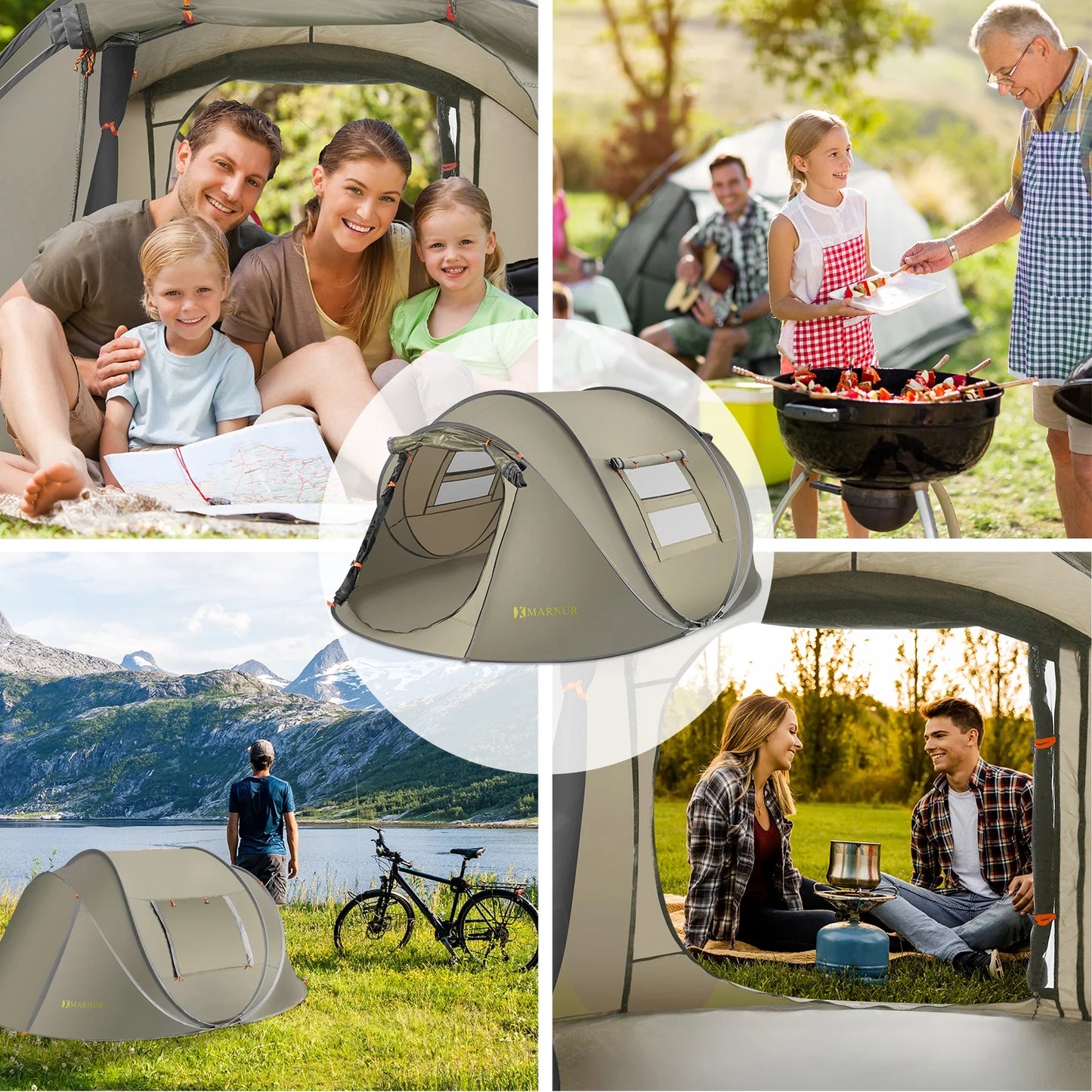 Instant Tent 4-Person Camp Tent, Auto Setup Pop up Tent, Waterproof, Huge Door & Windows, Green